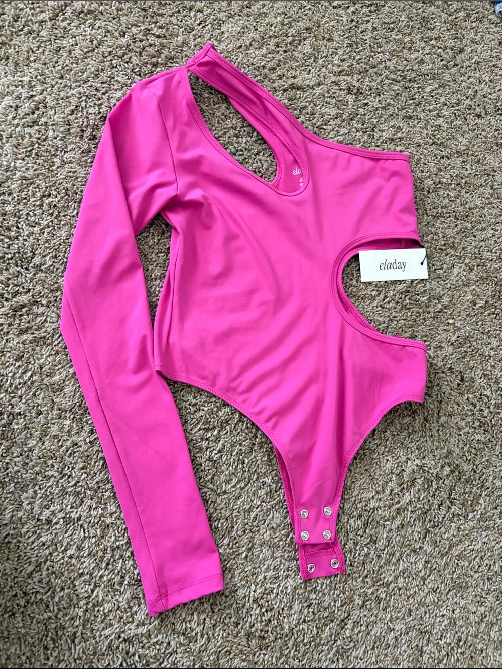 Eladay Hot Pink One-Shoulder Long Sleeve Bodysuit